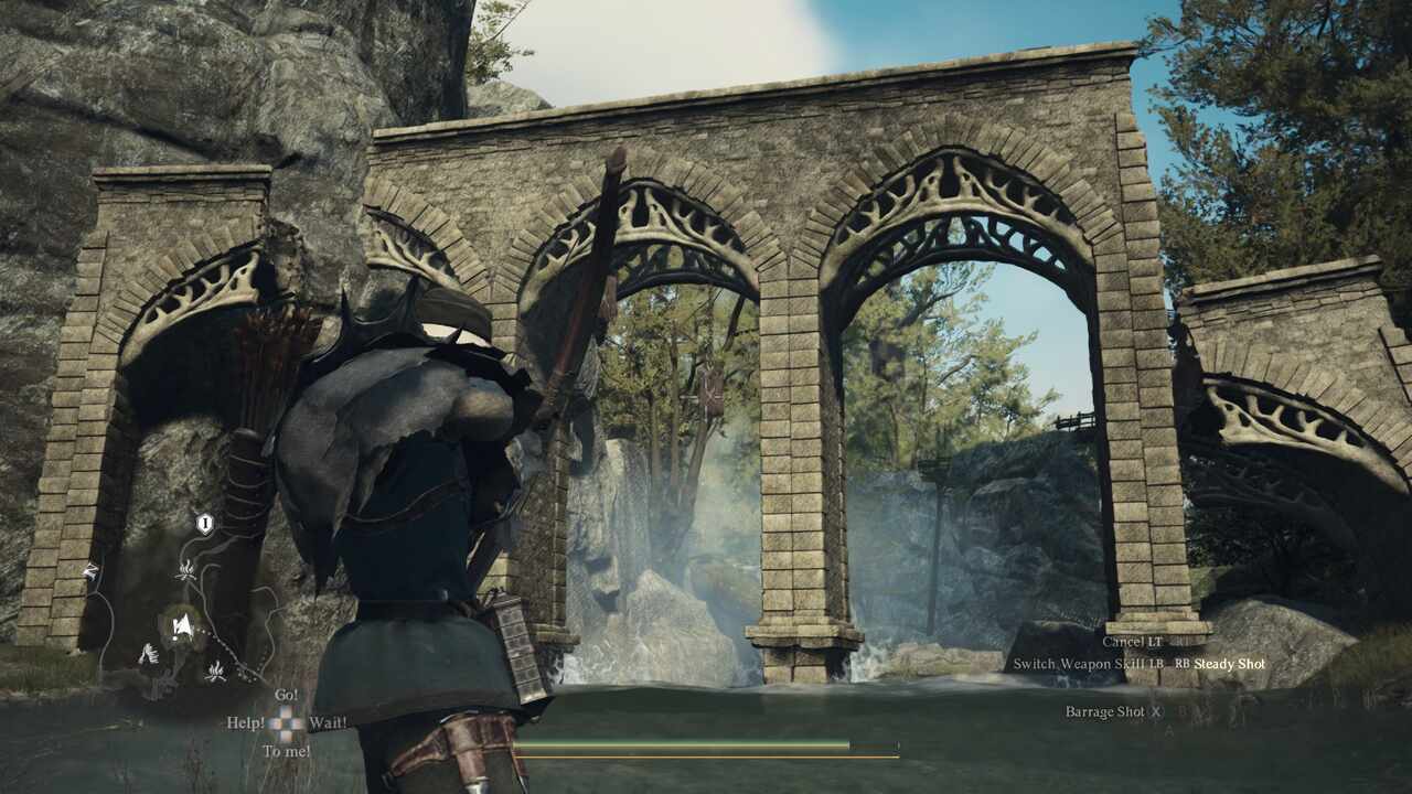 Dragon's Dogma 2 est génial, si vous prenez votre temps : un joueur tirant des flèches sur des cibles suspendues à un viaduc en pierre.