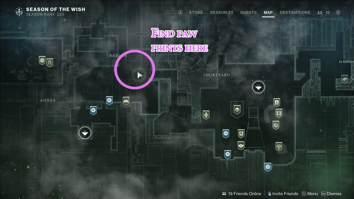 Une carte montrant l'emplacement des empreintes d'Archie dans la Tour de Destiny 2