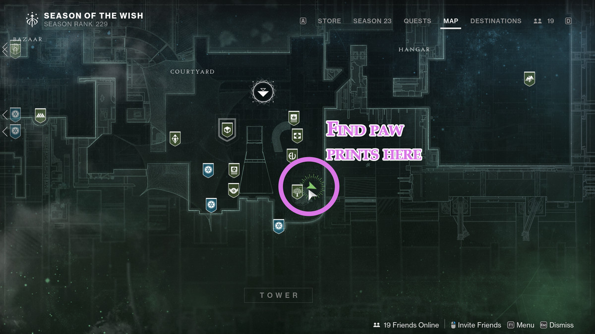 Une carte montrant l'emplacement des empreintes d'Archie dans la Tour de Destiny 2