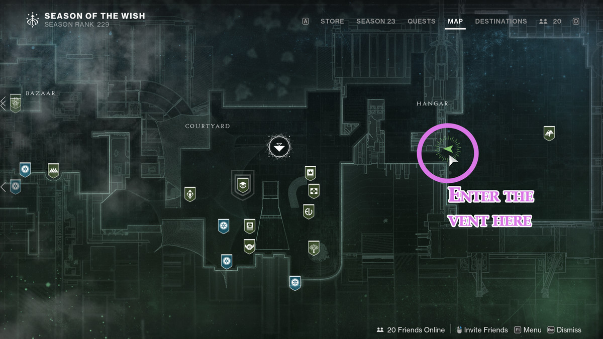 Une carte montrant l'emplacement d'un évent secret dans la Tour dans Destiny 2