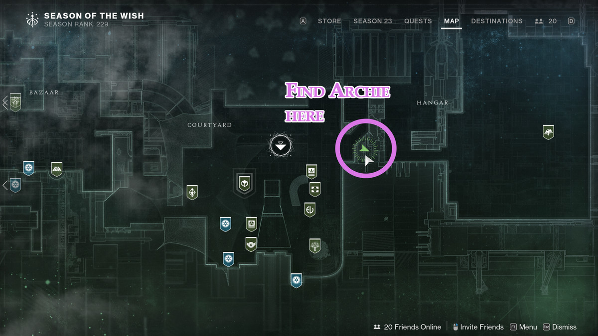 Une carte montrant l'emplacement d'Archie dans La Tour dans Destiny 2