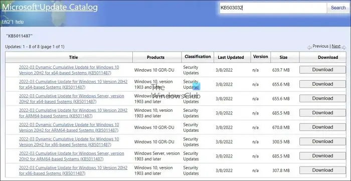 Windows du catalogue Microsoft Update