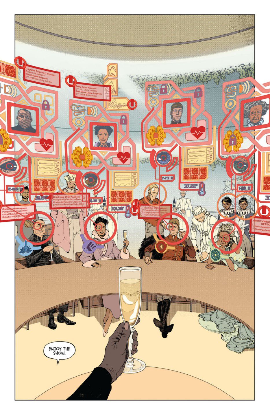 Une illustration pleine page de Dawnrunner #1, présentant une prise de vue d'un homme tenant une coupe de champagne devant une table d'invités identifiés grâce à un affichage tête haute en réalité augmentée.