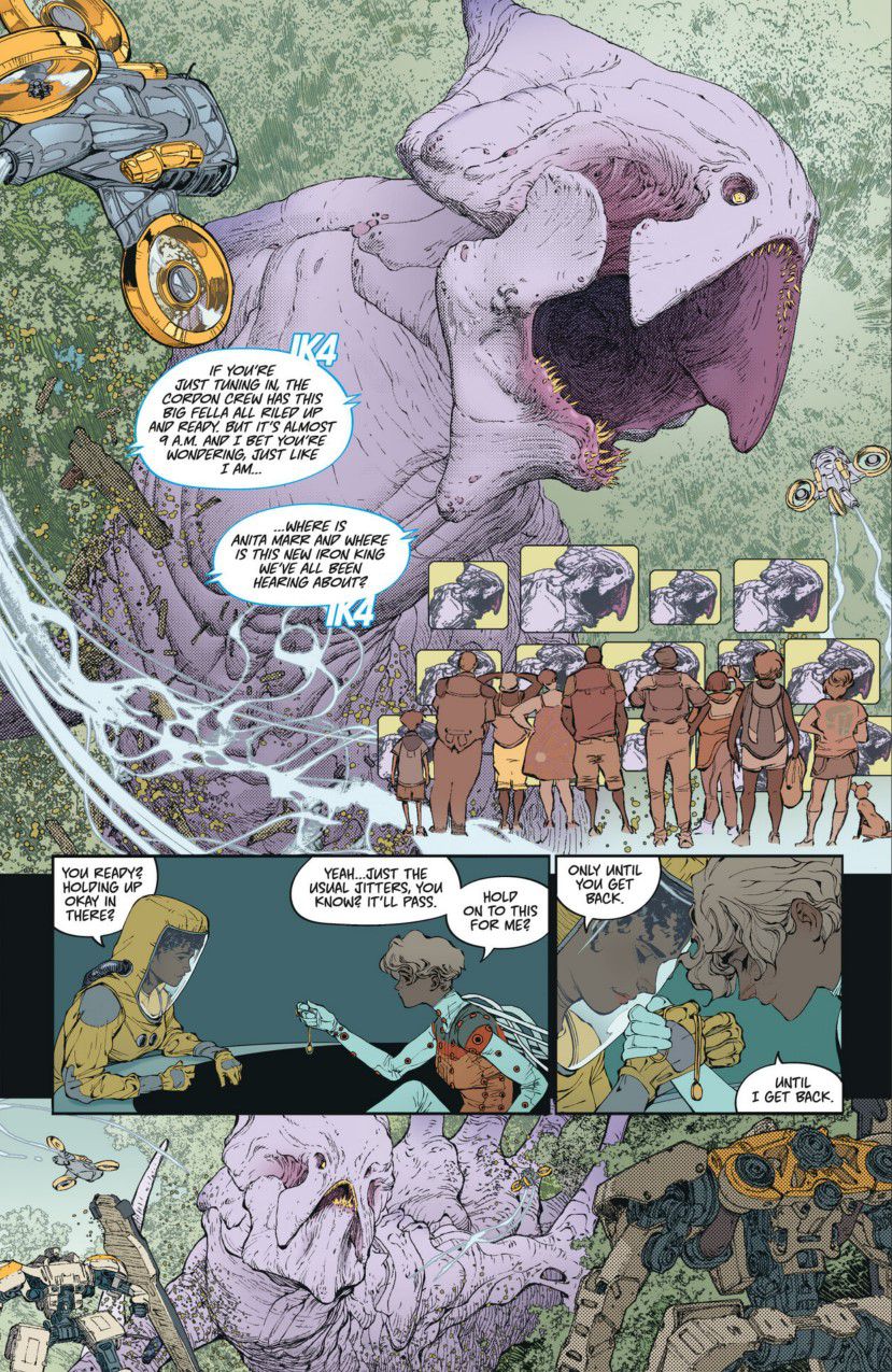 Une page intérieure de Dawnrunner #1, représentant un hélicoptère de presse survolant une créature Tetza entourée d'une paire d'Iron Kings.
