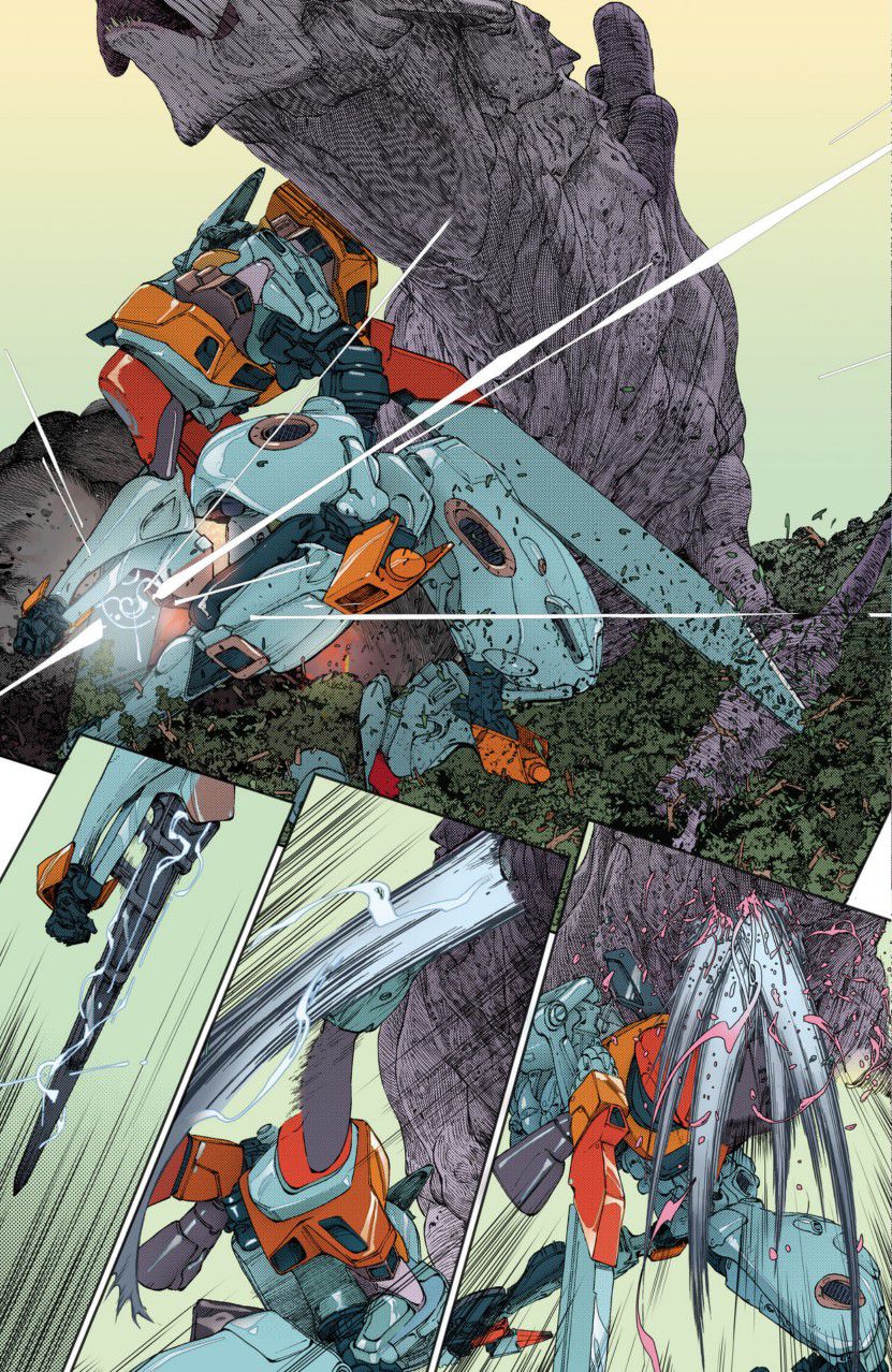 Une page intérieure de Dawnrunner #1, représentant le Dawnrunner Iron King soulevant un Tetza et le poignardant avec une épée montée sur le poignet.
