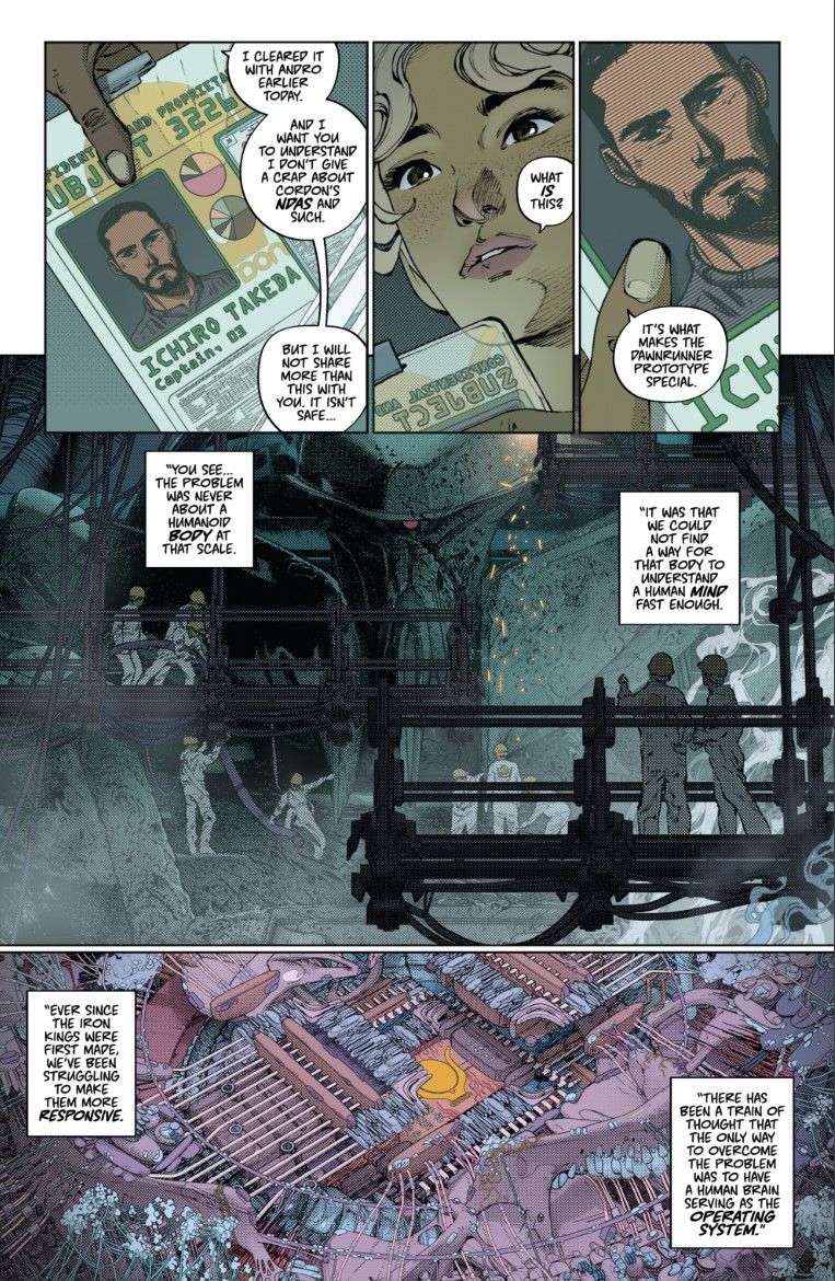 Une page intérieure de Dawnrunner #2, mettant en vedette la protagoniste Anita Marr et l'équipe de maintenance effectuant des réparations sur Dawnrunner.