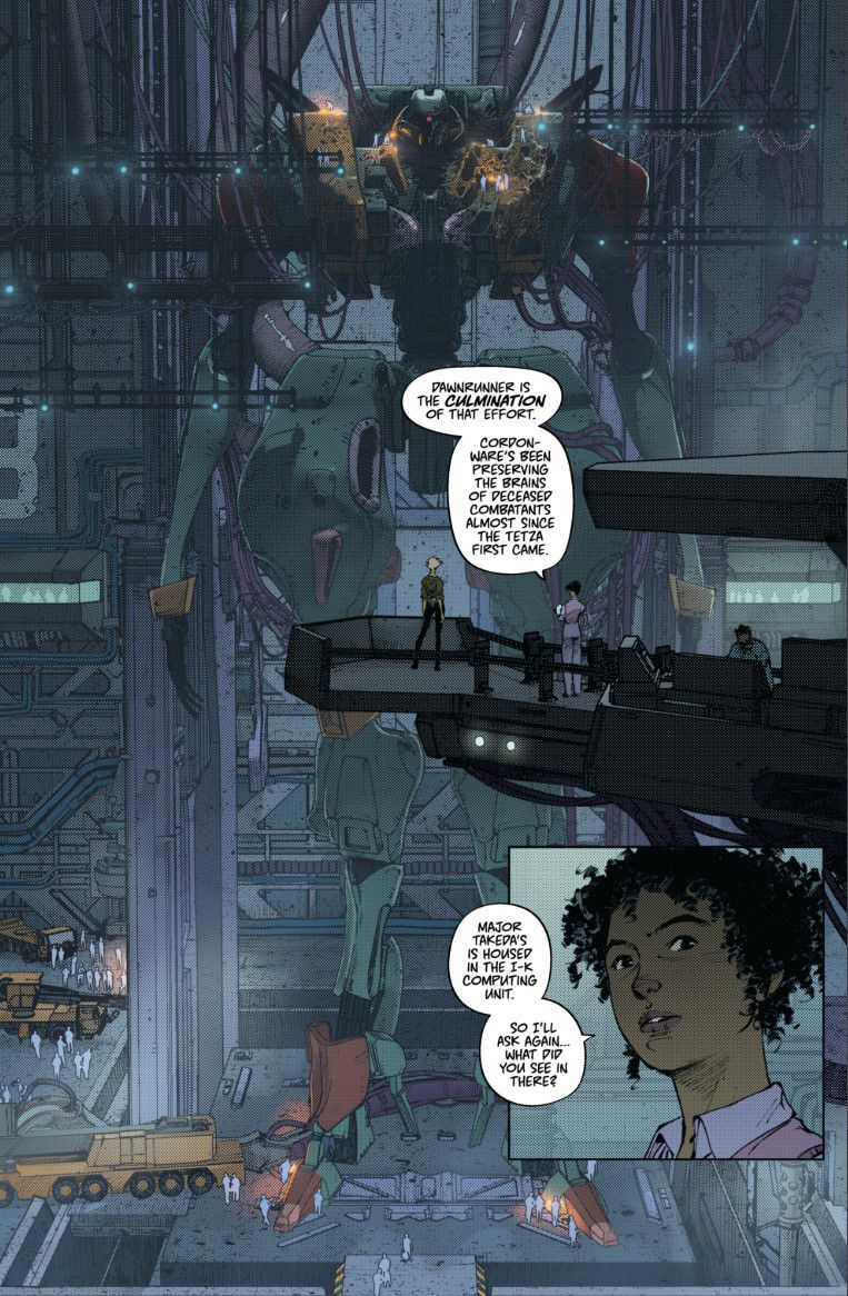 Une page intérieure de Dawnrunner#2, mettant en vedette la protagoniste Anita Marr, son collègue Cat et Dawnrunner.
