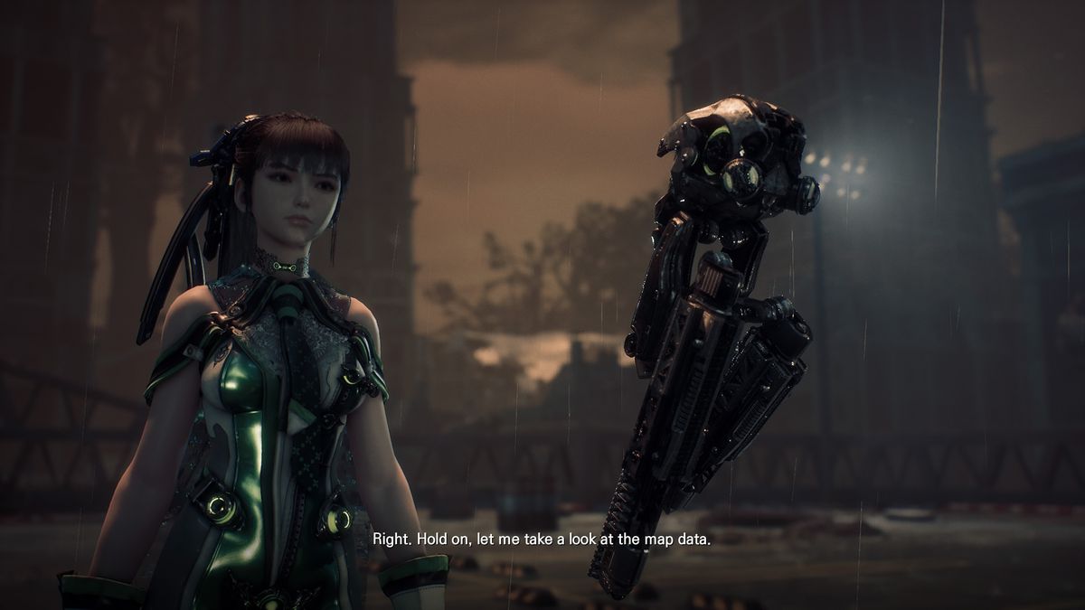 EVE, la protagoniste de Stellar Blade (à gauche), a l'air solennelle tandis que son compagnon robot (à droite) lui dit : « C'est vrai.  Attendez, laissez-moi jeter un œil aux données cartographiques.