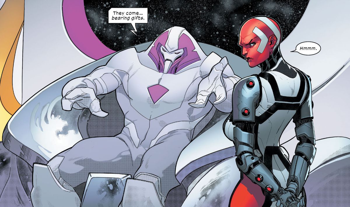Nimrod et Omega Sentinel, deux versions avancées de Sentinel, dans la future potentielle guerre Homme-Machine-Mutant 100 ans après notre présent, dans Powers of X #1, Marvel Comics (2019).