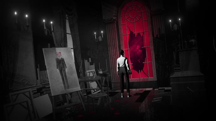 Lorelei and the Laser Eyes, capture d'écran d'une femme regardant un miroir rose dans un environnement de studio d'art en noir et blanc
