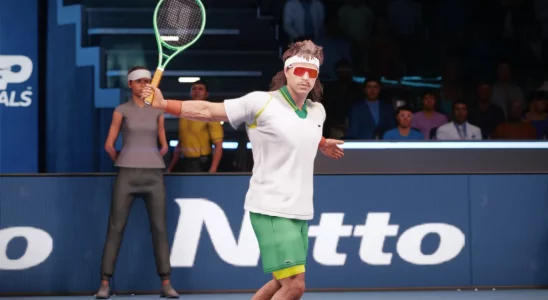 A created character hitting a backhand hit in Top Spin 2K25