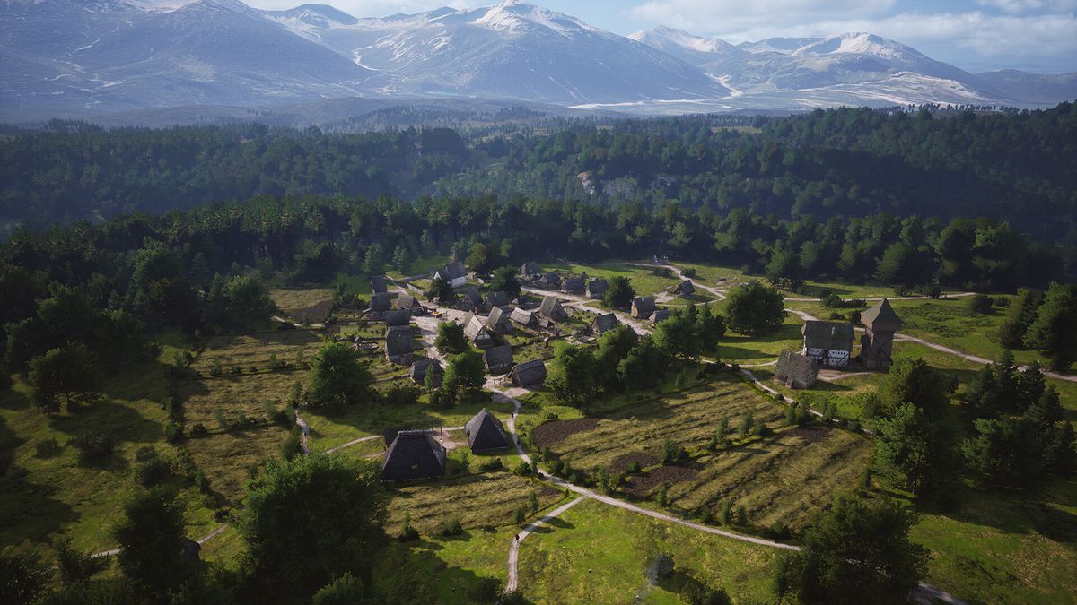 Une vue agrandie d'un village situé dans une belle campagne boisée, avec des montagnes au loin, dans Manor Lords