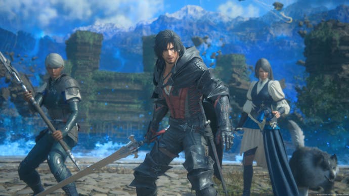 Capture d'écran de Final Fantasy 16 montrant le protagoniste aux cheveux noirs Clive tenant l'épée au centre, avec deux personnages féminins de chaque côté de lui et un loup géant se préparant au combat.