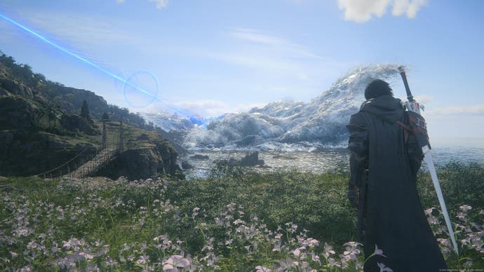 Capture d'écran de Final Fantasy 16 montrant Clive dans un champ de fleurs blanches regardant une vague de mer géante prise en stase
