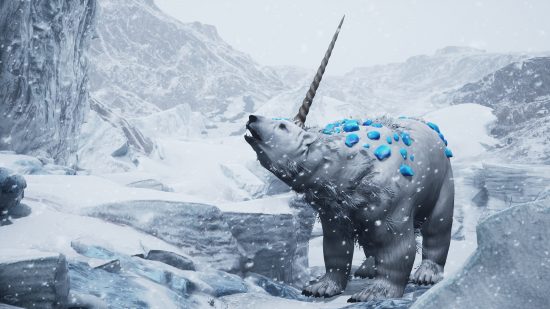 Île des Vents - Un ours polaire avec des excroissances bleues cristallines sur le dos et une corne tordue dépassant de son front.