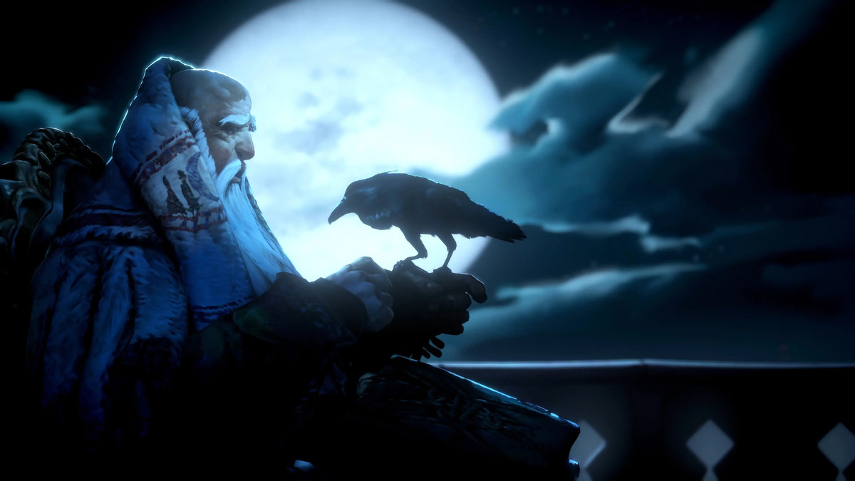 Un vieil homme avec un corbeau à la main devant une lune géante dans No Rest for the Wicked.