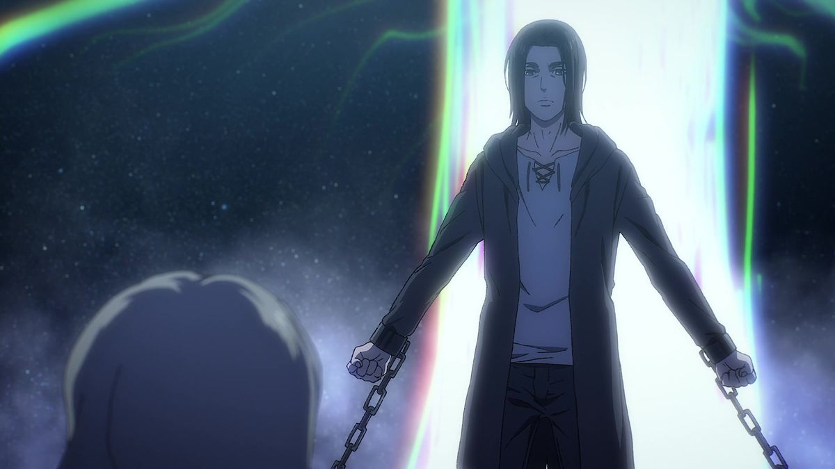 Un homme animé aux cheveux longs avec des chaînes autour des poignets se tient avec un pilier géant brillant derrière lui et une nuit étoilée d'un noir absolu.