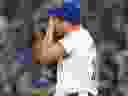 Le lanceur partant des Blue Jays, Yusei Kikuchi, réagit lors de la deuxième manche de la MLB contre les Dodgers à Toronto, le samedi 27 avril 2024.