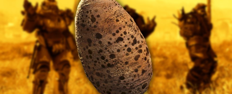 A combined image of Fallout 76's power armor character models and deathclaw eggs