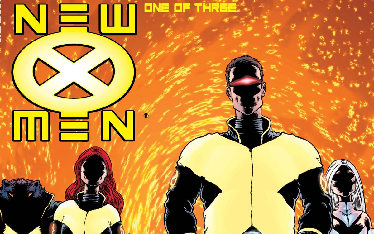 Ltr : Beast, Jean Grey, Cyclops et Emma Frost sur la couverture de New X-Men #114, Marvel Comics (2001).