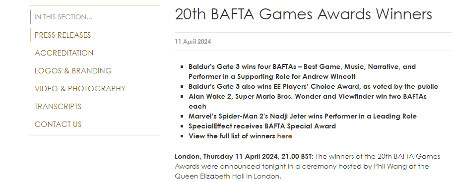 Baldur's Gate 3 remporte 4 BAFTA différents et une récompense supplémentaire