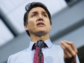 Le premier ministre Justin Trudeau prend la parole lors d'une conférence de presse à Oakville, en Ontario, le mercredi 24 avril 2024.