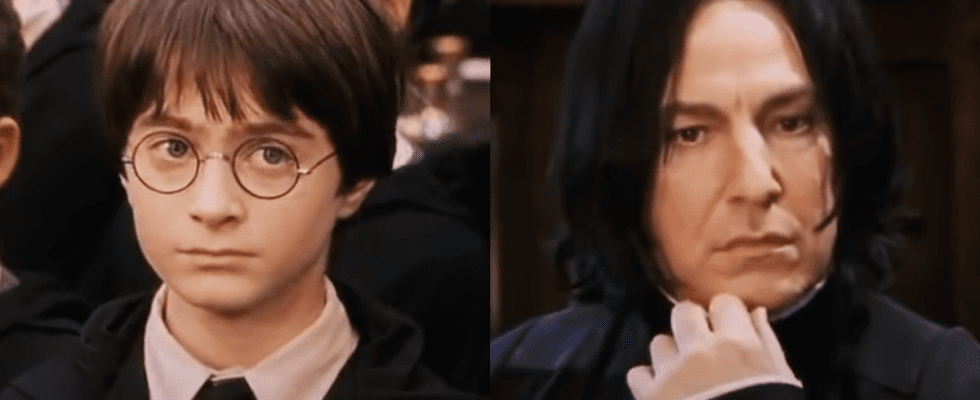 Daniel Radcliffe as Harry Potter and Alan Rickman as Snape in Harry Potter and the Sorcerer’s Stone