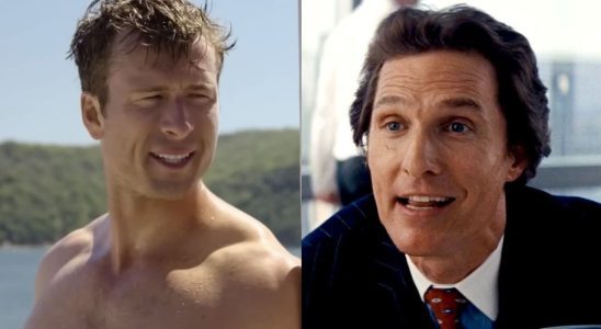 Glen Powell in Anyone but you/Matthew Mccconaughey in The WOlf of Wall Street