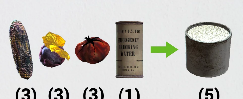Image of the ingredients required to make Vegetable Starch, an essential component of Adhesive in Fallout 4. The items include corn, mutfruit, tomato, and purified water.