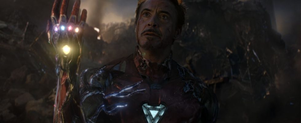 Robert Downey Jr. as Iron Man at the end of Avengers: Endgame