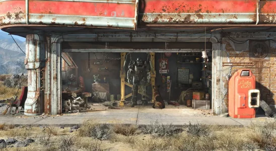 Power Armor hanging in a workshop