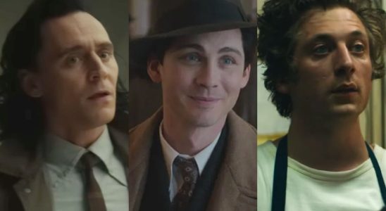 From left to right: Tom Hiddleston in Loki, Logan Lerman in We Were The Lucky Ones and Jeremy Allen White in The Bear.