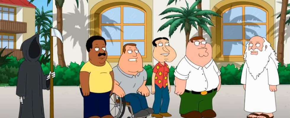 Family Guy main cast in a famous cutaway scene from Fox series.