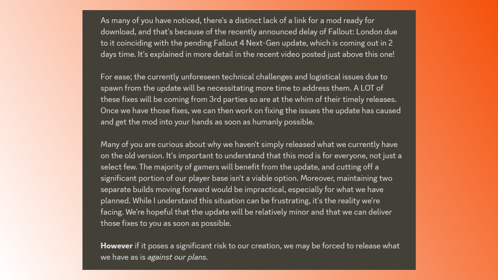 Date de sortie de Fallout London : Une déclaration du développeur du mod Fallout 4 Fallout London