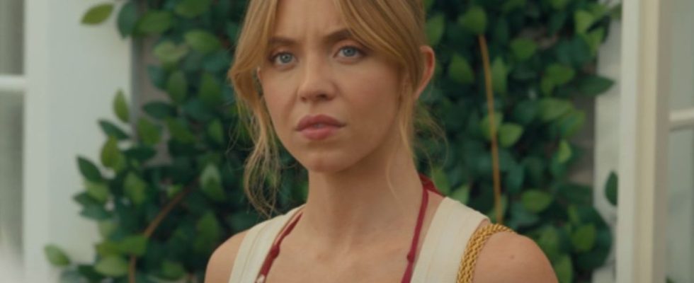 Sydney Sweeney looking a bit concerned in Anyone But You.