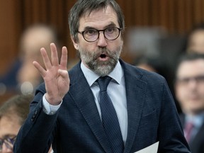 Le ministre de l'Environnement et du Changement climatique Steven Guilbeault se lève lors de la période des questions à Ottawa le lundi 15 avril 2024.