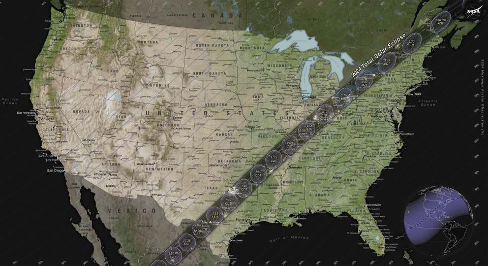 Une carte montrant le chemin de la totalité à travers les États-Unis