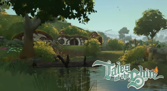 Screenshot from Tales of the Shire, showing a hobbit house nestled near a lake and the game logo