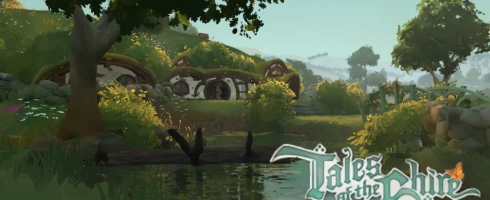 Screenshot from Tales of the Shire, showing a hobbit house nestled near a lake and the game logo