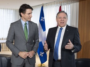 Le premier ministre Justin Trudeau participe à une réunion bilatérale avec le premier ministre du Québec François Legault à Montréal le 15 mars 2024.