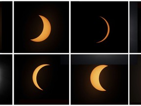 Une éclipse solaire totale ne se limite pas à la lune recouvrant le soleil ;  c'est un spectacle à plusieurs phases qui peut provoquer un certain nombre de phénomènes inhabituels, si la météo le permet.  Cette combinaison de photos montre la séquence d'une éclipse solaire totale vue depuis Piedra del Aguila, en Argentine, le lundi 14 décembre 2020.