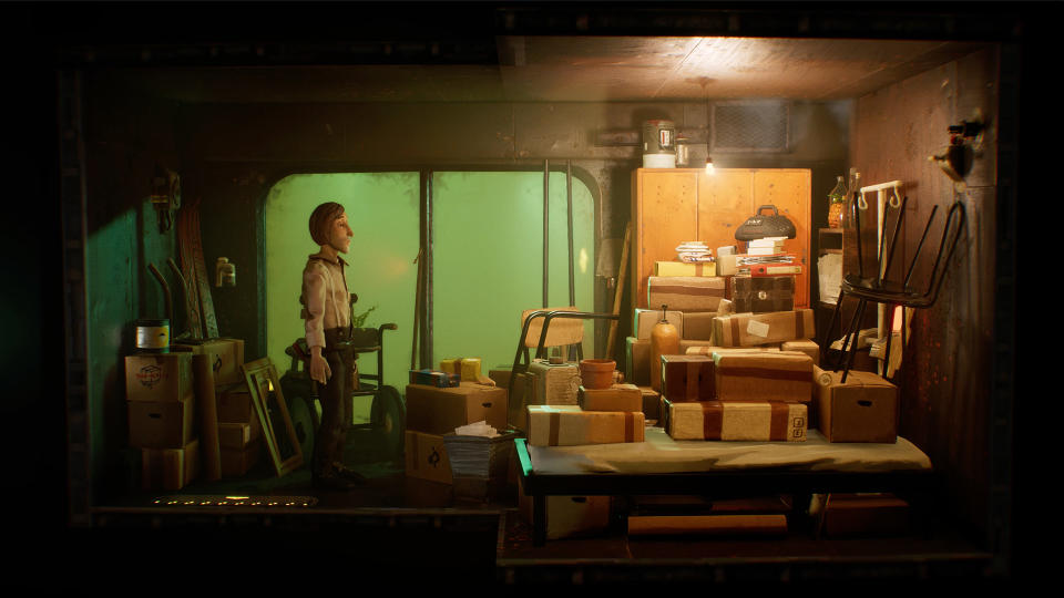 Toujours du jeu Harold Halibut.  Le protagoniste, négligé dans une chemise et un pantalon blancs sales, se tient de profil dans une pièce crasseuse et encombrée à l’intérieur d’un vaisseau spatial sous-marin.