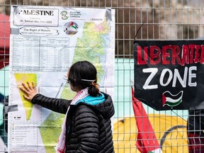 Un militant pro-palestinien regarde une carte de la Palestine collée sur la clôture autour de son campement sur le campus de l'Université McGill à Montréal, le lundi 29 avril 2024.