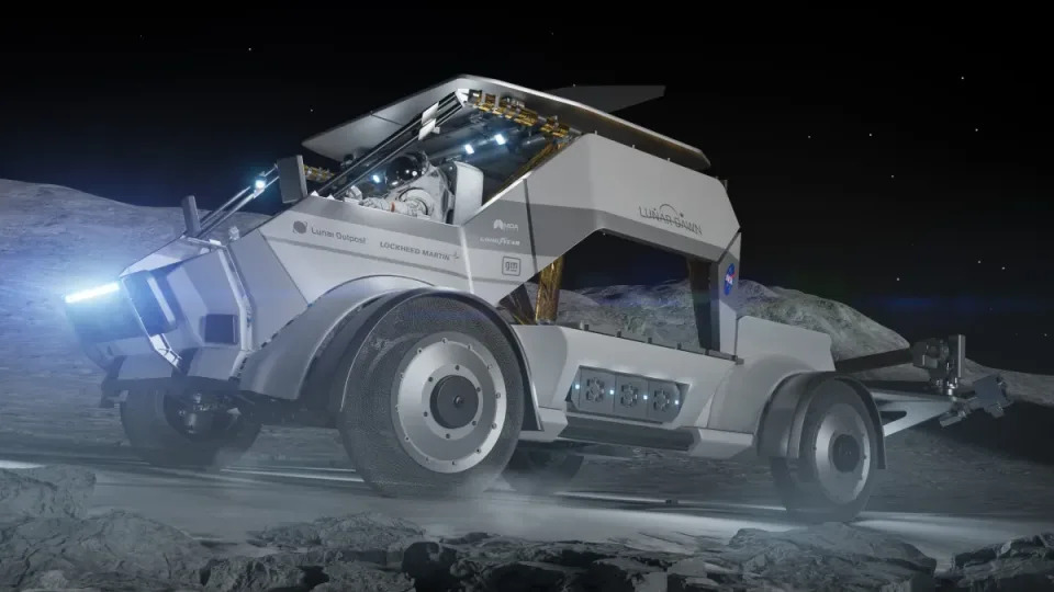 Le concept Lunar Dawn LTV de Lunar Outpost est représenté dans un rendu le montrant conduisant sur la lune