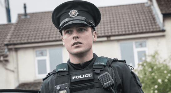 Nathan Braniff as Tommy Foster in police uniform in BBC One's Blue Lights