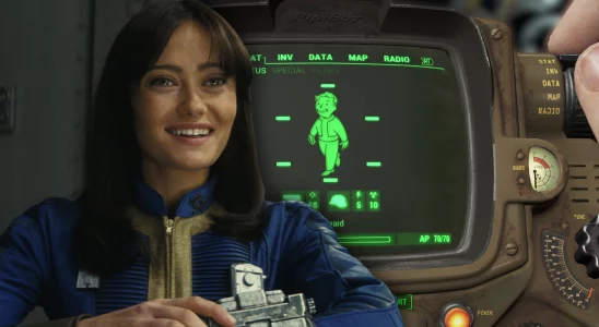 A still of Fallout's Lucy MacLean combined with a Pip-Boy image from Fallout 4