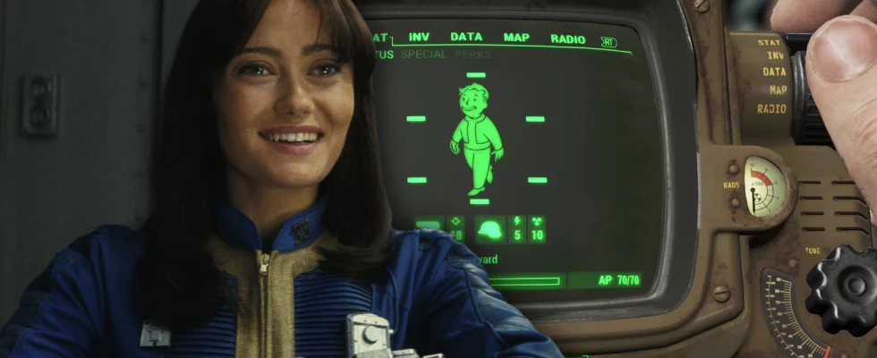 A still of Fallout's Lucy MacLean combined with a Pip-Boy image from Fallout 4