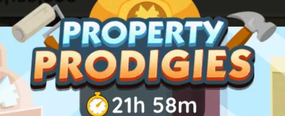 Property Prodigies Logo in monopoly go showing the event banner and the timeframe remaining for players to complete the challenge