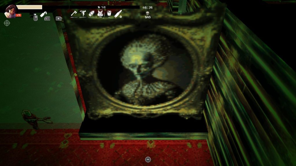 Capture d'écran d'Outer Terror montrant un visage géant en relief sur un mur obscurcissant le personnage du joueur