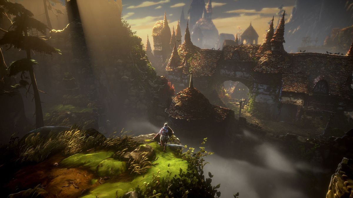 Le personnage du joueur sur une falaise avec les ruines d'un château au loin dans No Rest for the Wicked